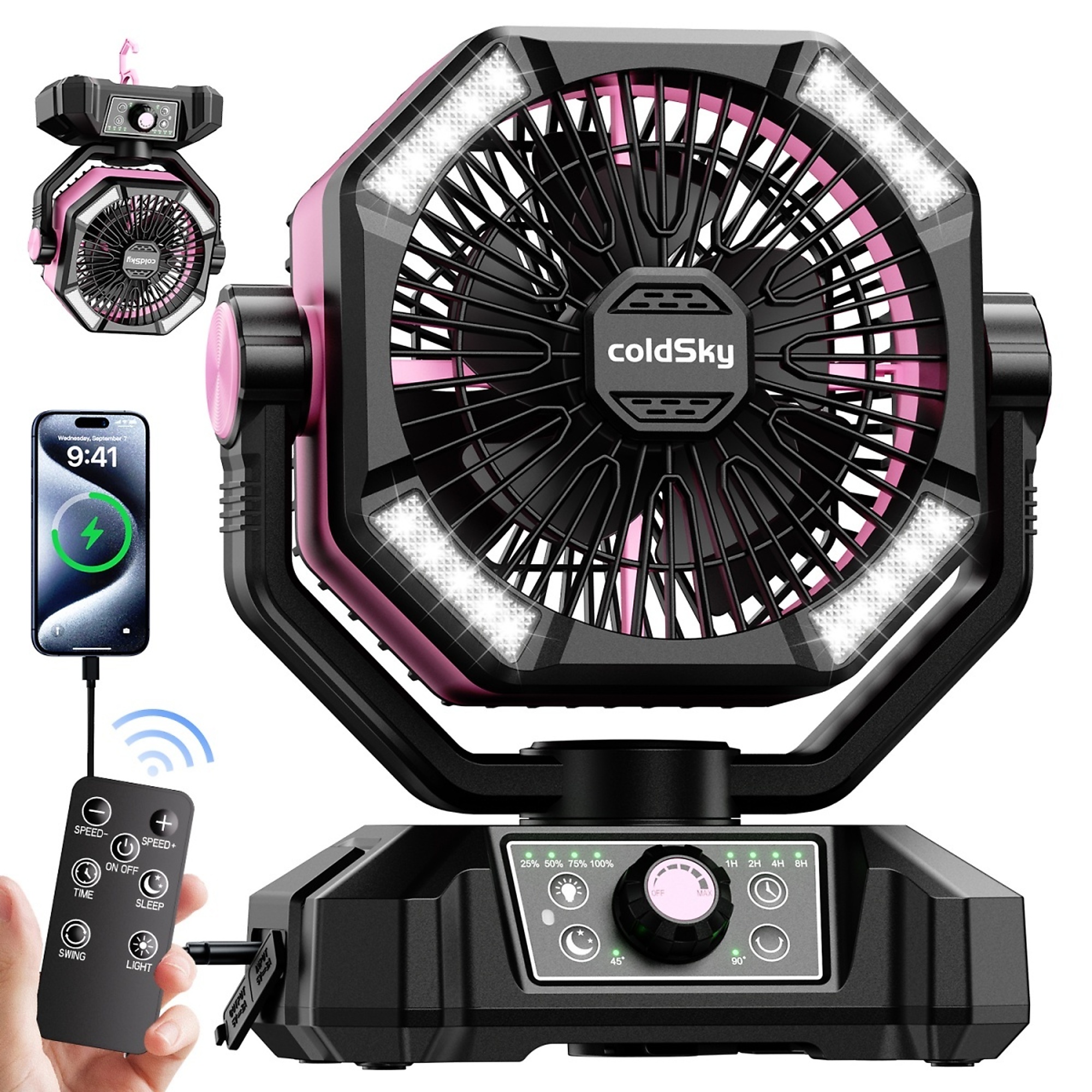 EdenDirect Portable Camping Fan — 20000mAh, Dual Motor, 8 Speeds, 48-LED Lantern, Remote Controlled, Pink, Model# NTE-HY8136S-F